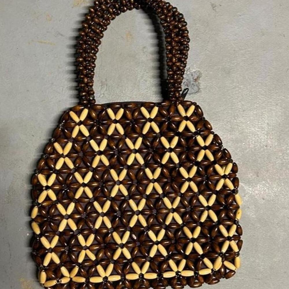 Vintage Y2K brown & tan Puka Shell geometric handbag boho festival tropical